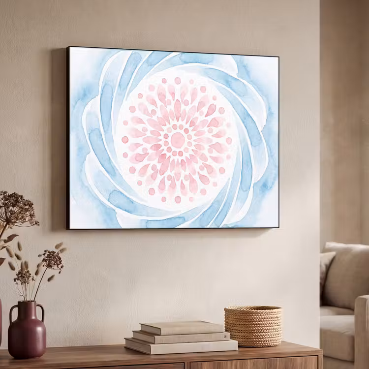 Abstract - Bloemvorm - Aquarel - Roze - Blauw Textielframe zwart klein -sfeer3
