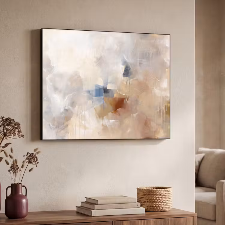 Abstract - Borstelstreken - Modern - Beige - Kunst Textielframe zwart klein -sfeer3