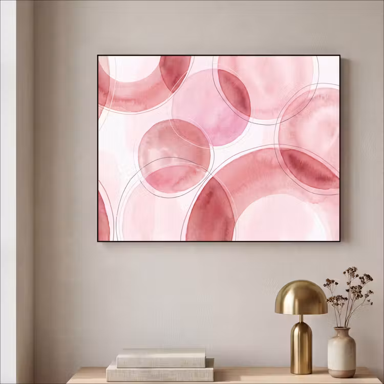 Abstract - Cirkels - Modern - Roze - Kunst Textielframe zwart klein -sfeer2