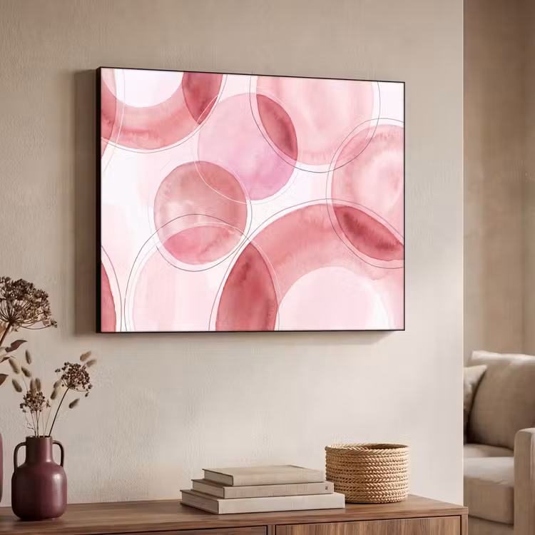 Abstract - Cirkels - Modern - Roze - Kunst Textielframe zwart klein -sfeer3