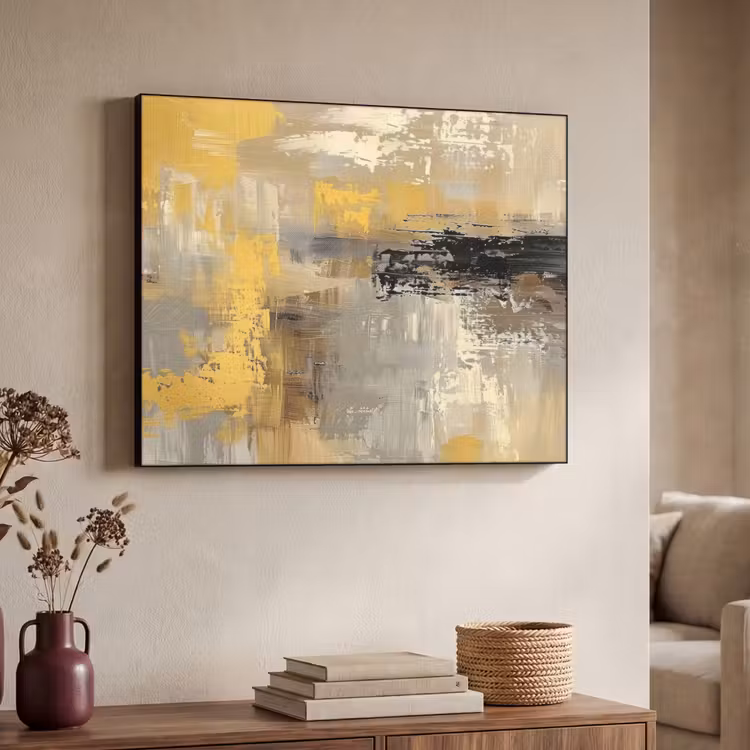 Abstract - Geel - Modern - Beige Textielframe zwart klein -sfeer3