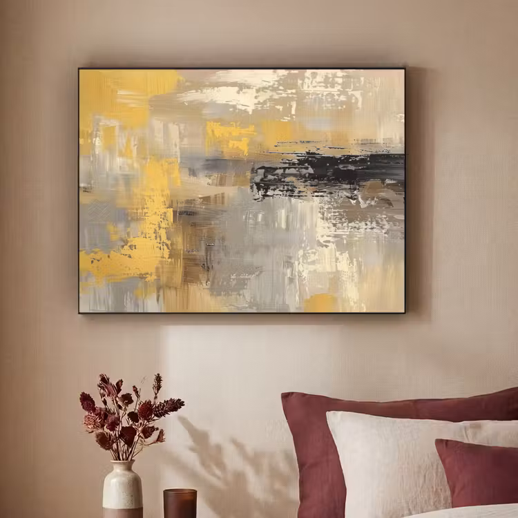 Abstract - Geel - Modern - Beige Textielframe zwart klein -sfeer1