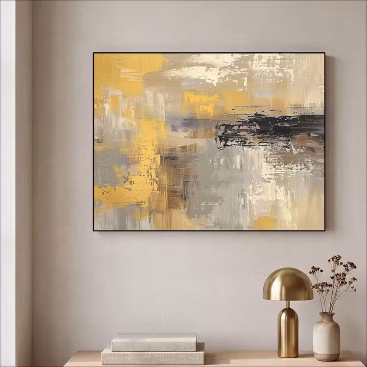 Abstract - Geel - Modern - Beige Textielframe - compleet frame klein -sfeer2