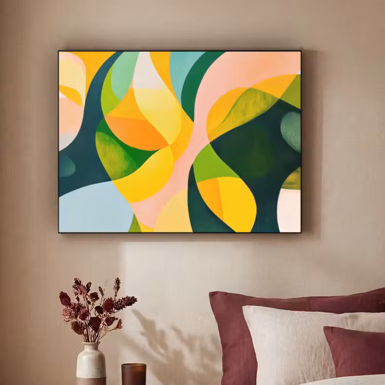 Abstract - Geel - Roze - Groen Textielframe zwart klein -sfeer1