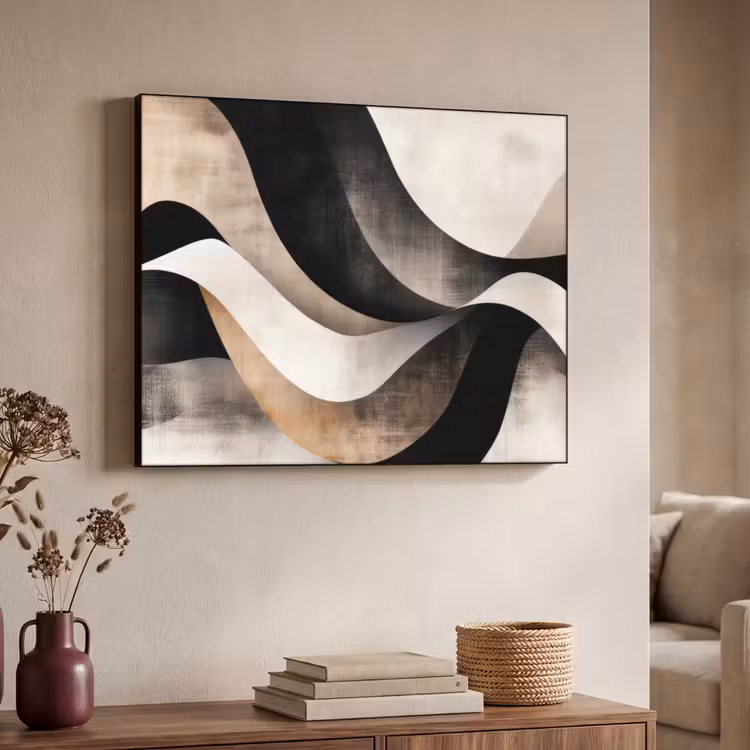 Abstract - Golven - Zwart - Verweerd Textielframe zwart klein -sfeer3