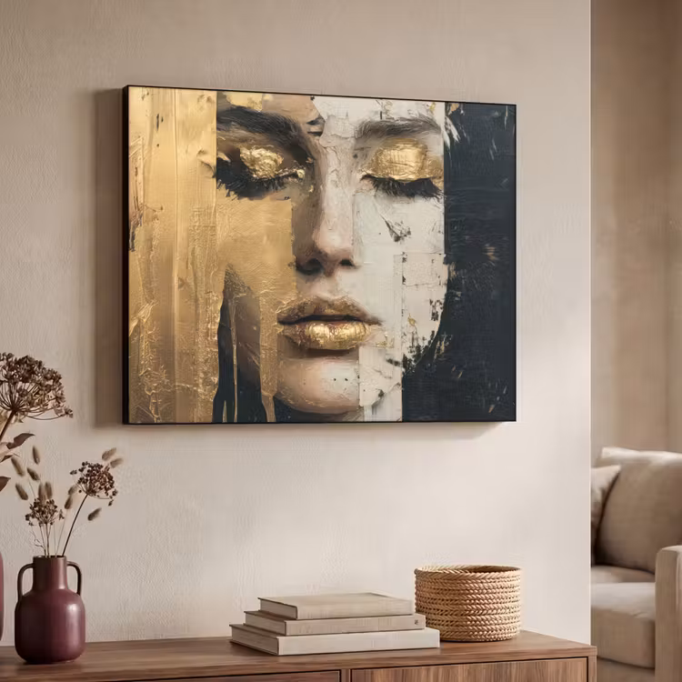 Abstract - Goud - Gezicht - Lippen Textielframe zwart klein -sfeer3