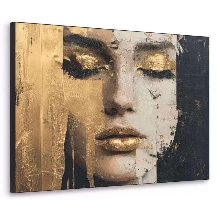 Abstract - Goud - Gezicht - Lippen Textielframe zwart klein -3d