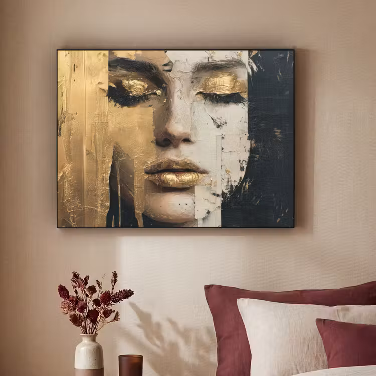 Abstract - Goud - Gezicht - Lippen Textielframe - compleet frame klein -sfeer1