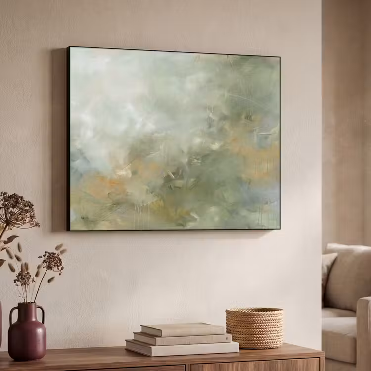 Abstract - Groen - Beige - Modern - Kunst Textielframe zwart klein -sfeer3