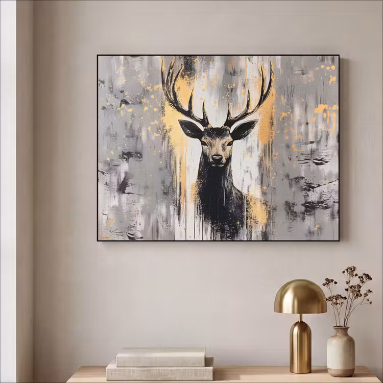 Abstract - Hert - Gewei - Goud Textielframe - compleet frame klein -sfeer2