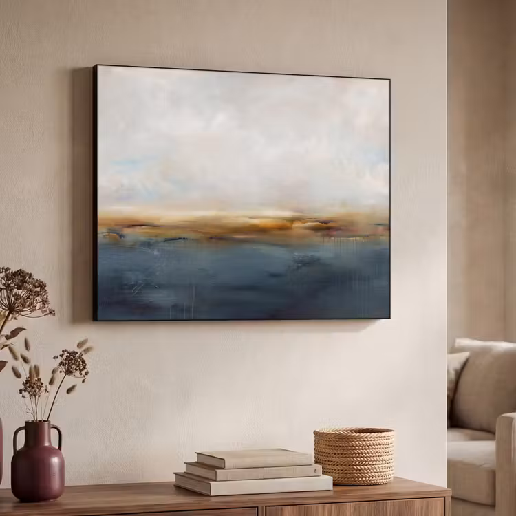 Abstract - Horizon - Water - Modern - Beige Textielframe zwart klein -sfeer3