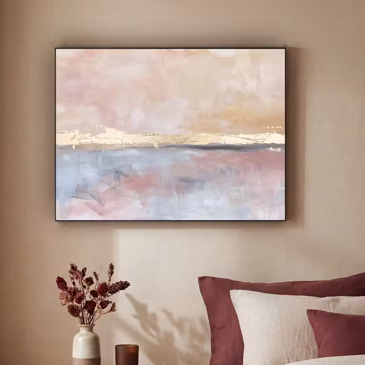 Abstract - Horizontaal - Kunst - Roze - Goud Textielframe zwart klein -sfeer1