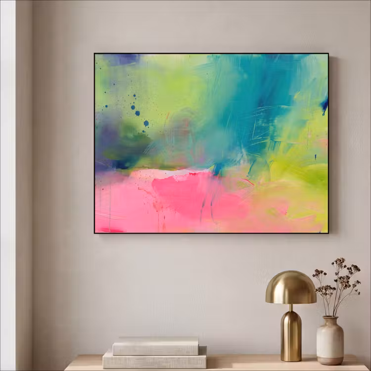 Abstract - Kleuren - Modern - Groen - Roze Textielframe zwart klein -sfeer2