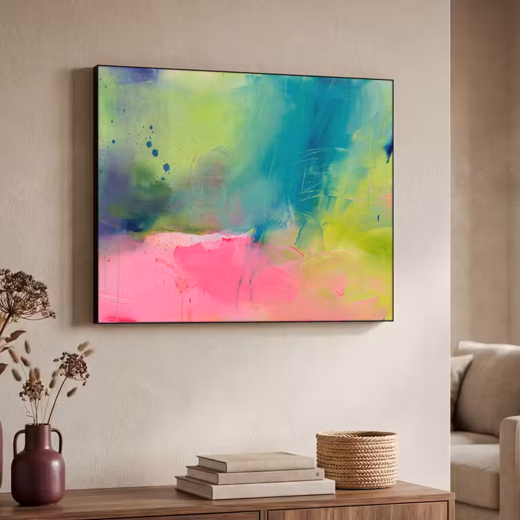Abstract - Kleuren - Modern - Groen - Roze Textielframe zwart klein -sfeer3