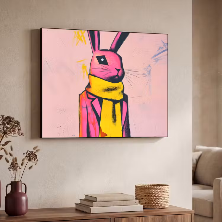 Abstract - Konijn - Sjaal - Geel Textielframe - compleet frame klein -sfeer3