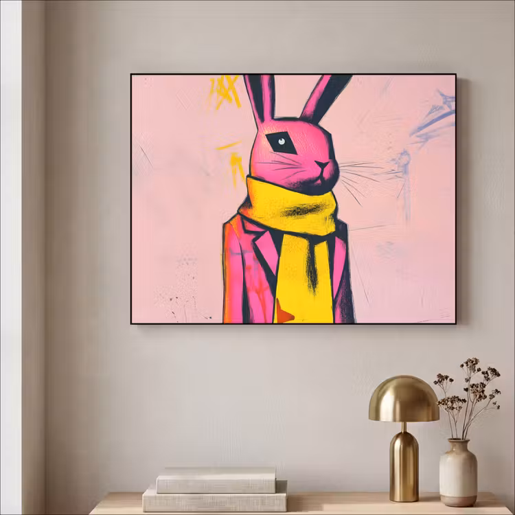 Abstract - Konijn - Sjaal - Geel Textielframe - compleet frame klein -sfeer2