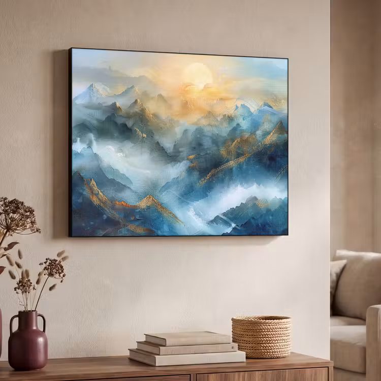 Abstract - Landschap - Bergen - Blauw - Modern Textielframe zwart klein -sfeer3