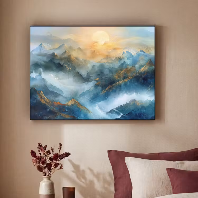 Abstract - Landschap - Bergen - Blauw - Modern Textielframe - compleet frame klein -sfeer1