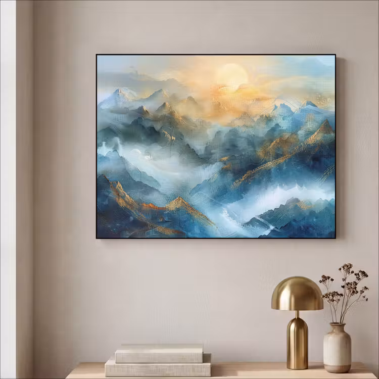 Abstract - Landschap - Bergen - Blauw - Modern Textielframe zwart klein -sfeer2