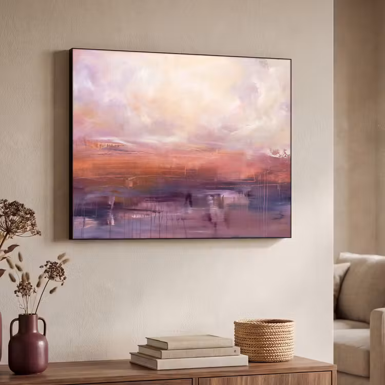 Abstract - Landschap - Modern - Paars - Oranje Textielframe zwart klein -sfeer3