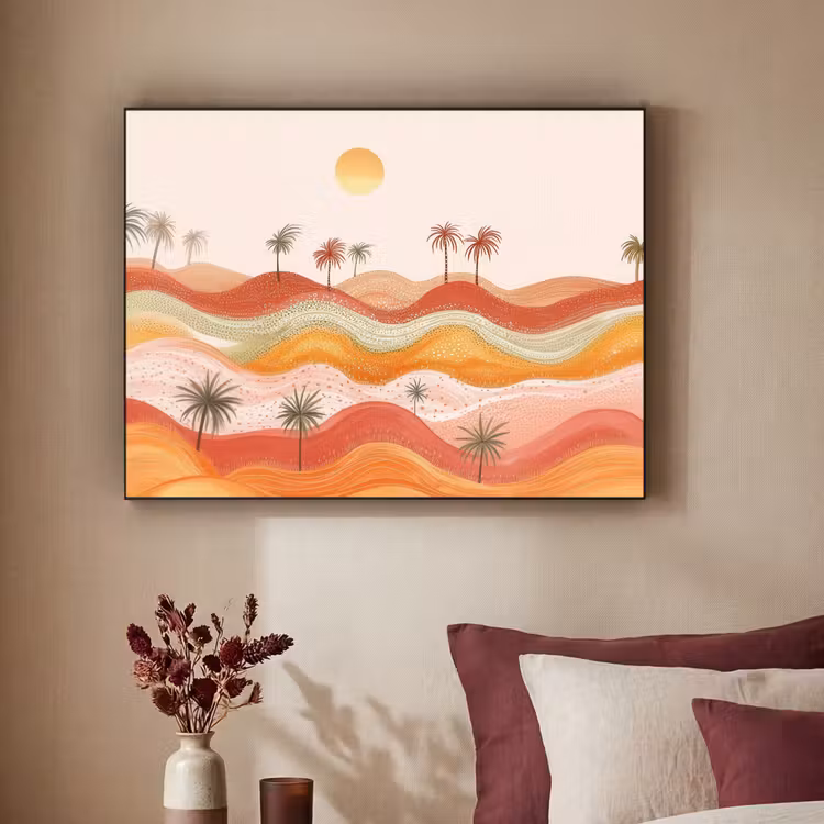 Abstract landschap - Palmbomen - Kleurrijk Textielframe zwart klein -sfeer1
