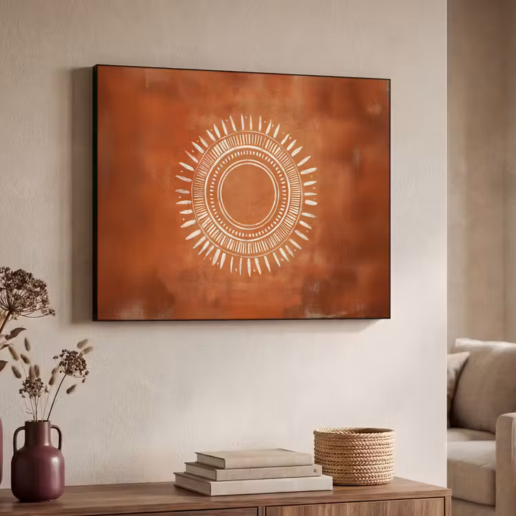 Abstract - Lijnen - Zonnestralen - Roodbruin Textielframe zwart klein -sfeer3