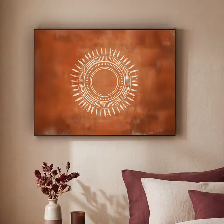 Abstract - Lijnen - Zonnestralen - Roodbruin Textielframe - compleet frame klein -sfeer1