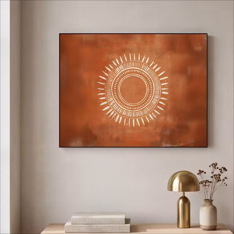 Abstract - Lijnen - Zonnestralen - Roodbruin Textielframe - compleet frame klein -sfeer2