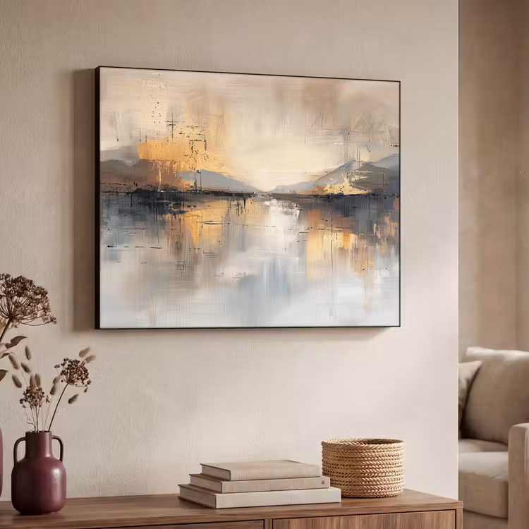 Abstract - Modern - Beige - Aesthetic - Goud Textielframe - compleet frame klein -sfeer3