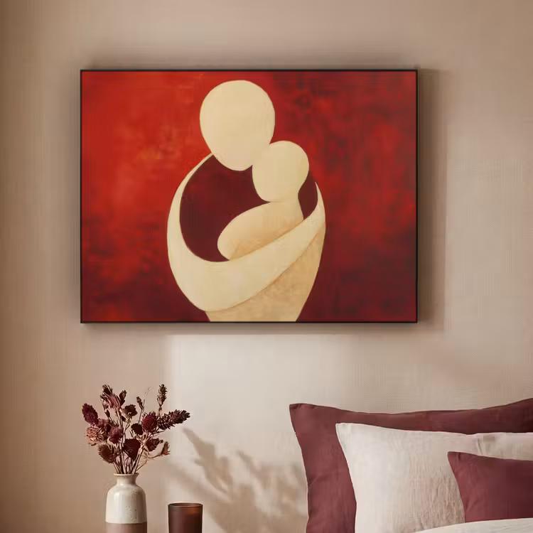Abstract - Moeder - Kind - Rood Textielframe zwart klein -sfeer1