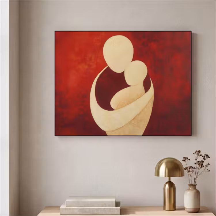 Abstract - Moeder - Kind - Rood Textielframe zwart klein -sfeer2