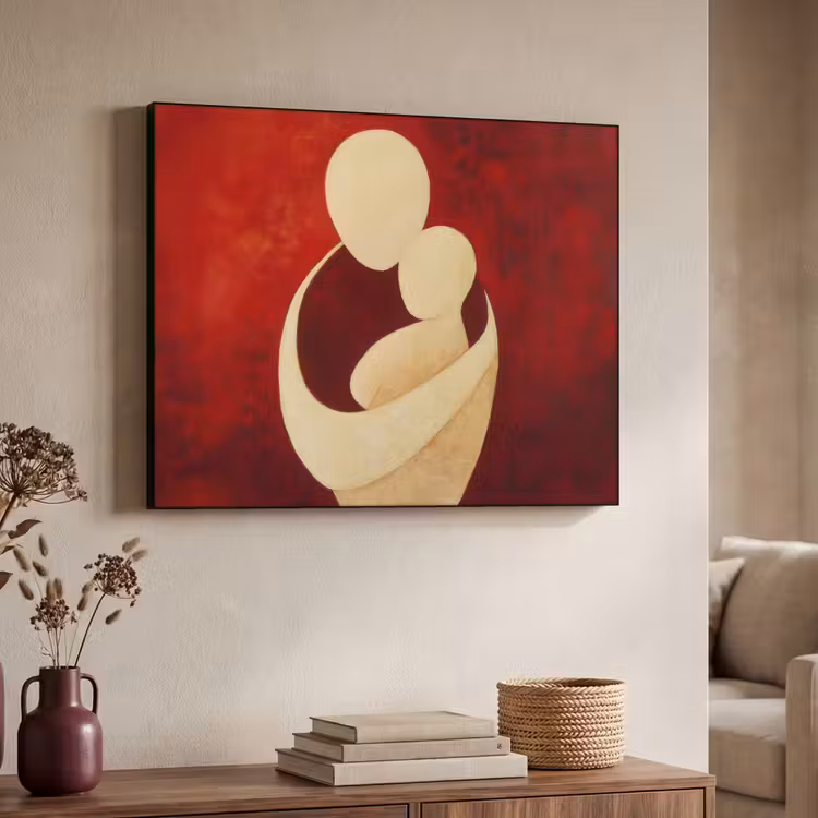 Abstract - Moeder - Kind - Rood Textielframe zwart klein -sfeer3