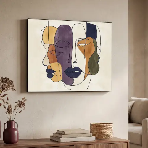 Abstract - Overlappende gezichten - Paars - Donkergroen Textielframe - compleet frame klein -sfeer3