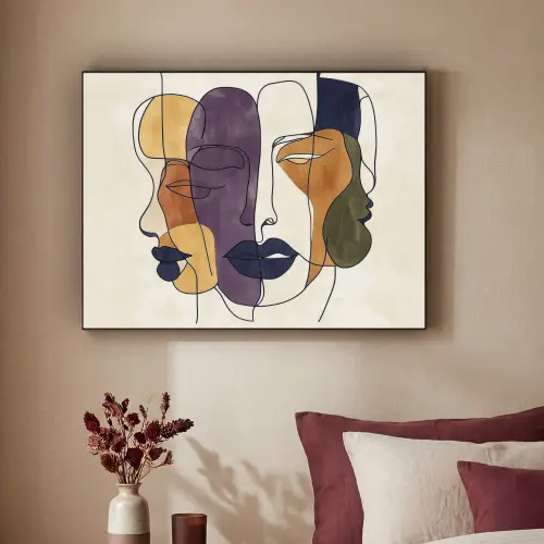 Abstract - Overlappende gezichten - Paars - Donkergroen Textielframe - compleet frame klein -sfeer1