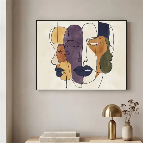 Abstract - Overlappende gezichten - Paars - Donkergroen Textielframe - compleet frame klein -sfeer2