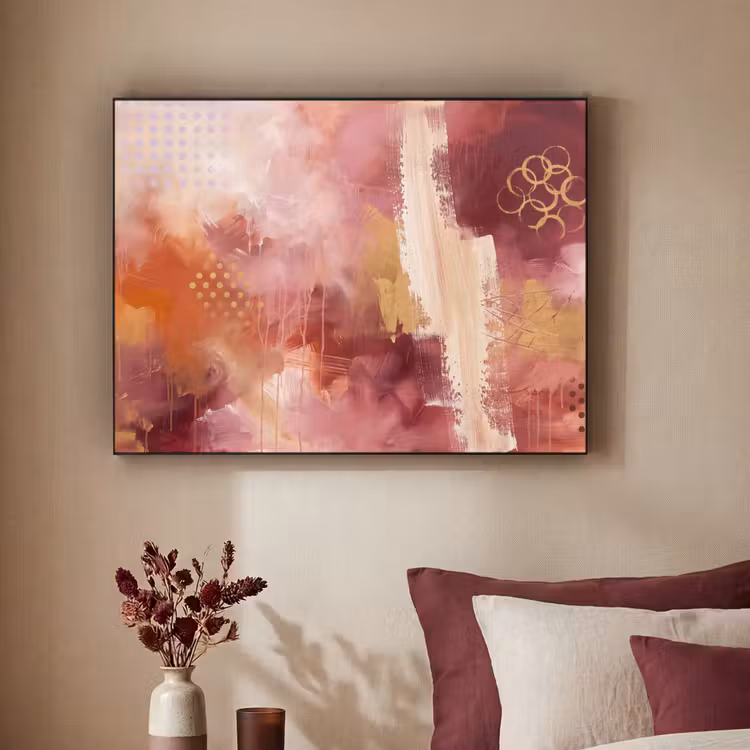 Abstract - Rood - Goud - Modern - Kunst Textielframe zwart klein -sfeer1