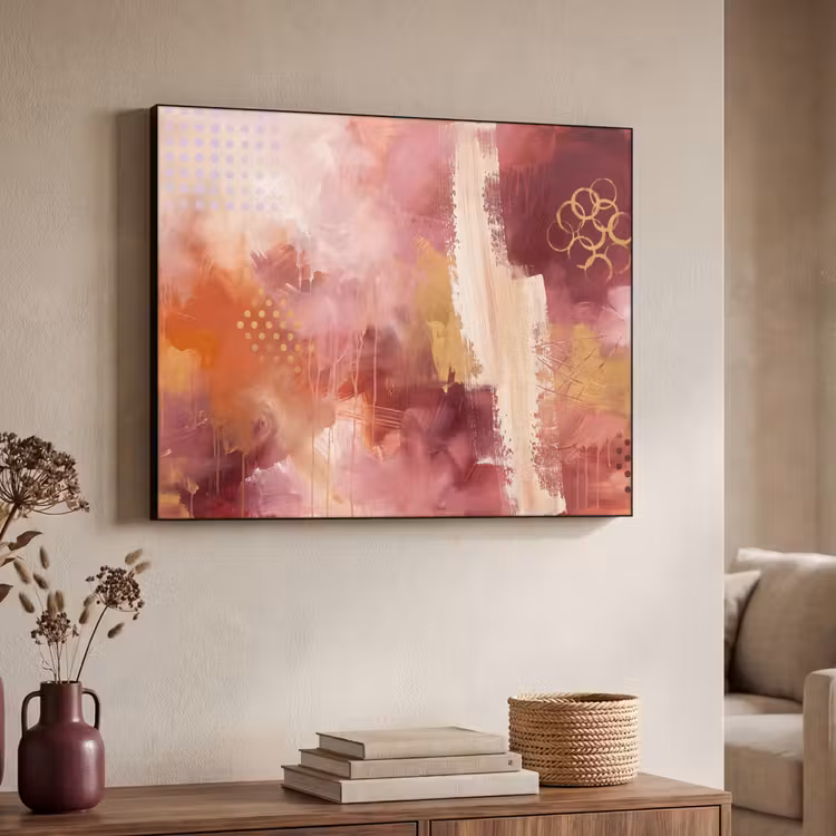 Abstract - Rood - Goud - Modern - Kunst Textielframe zwart klein -sfeer3