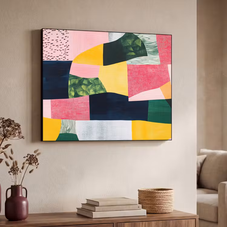 Abstract - Roze - Lappen - Vormen - Geel Textielframe zwart klein -sfeer3