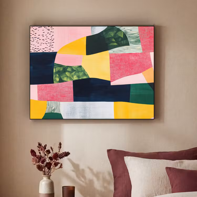 Abstract - Roze - Lappen - Vormen - Geel Textielframe zwart klein -sfeer1