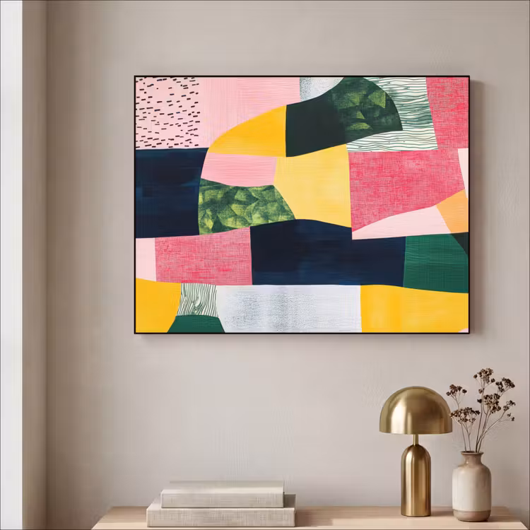 Abstract - Roze - Lappen - Vormen - Geel Textielframe - compleet frame klein -sfeer2