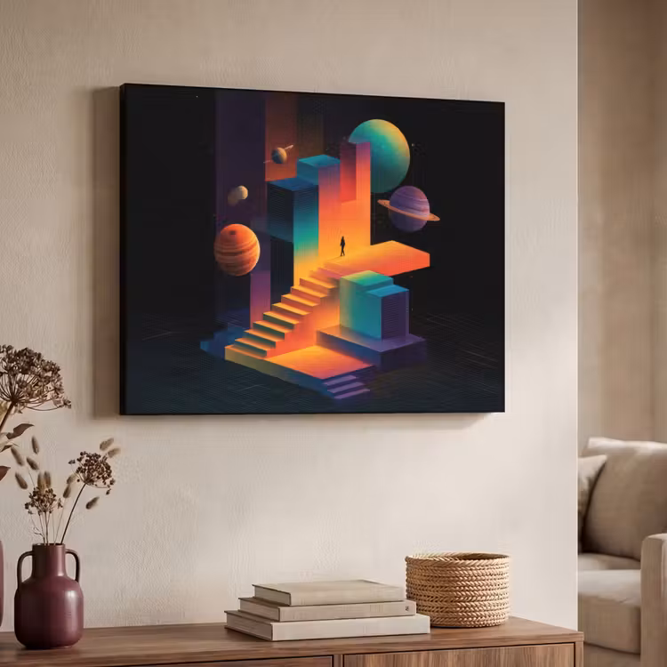 Abstract - Trappen - Mens - Planeten Textielframe zwart klein -sfeer3