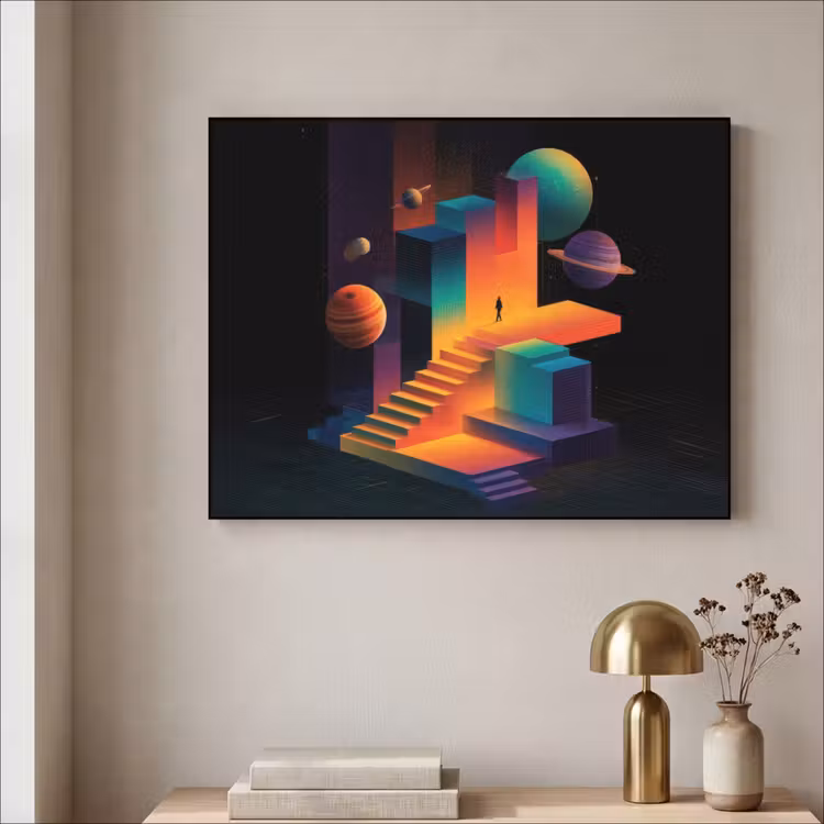 Abstract - Trappen - Mens - Planeten Textielframe zwart klein -sfeer2