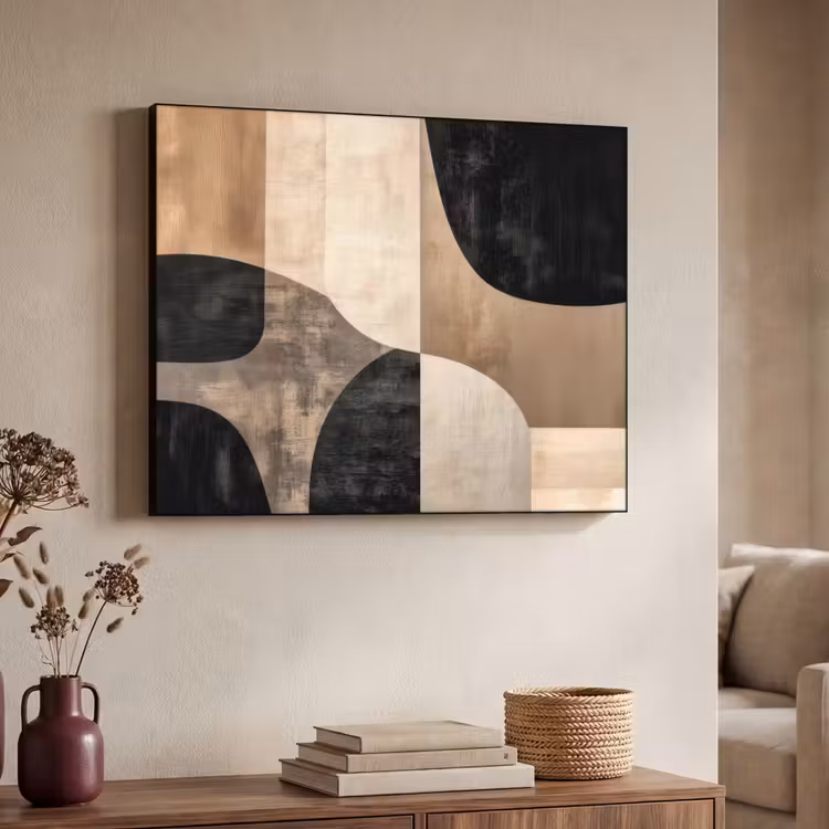 Abstract - Vlakken - Zwart - Rond Textielframe - compleet frame klein -sfeer3