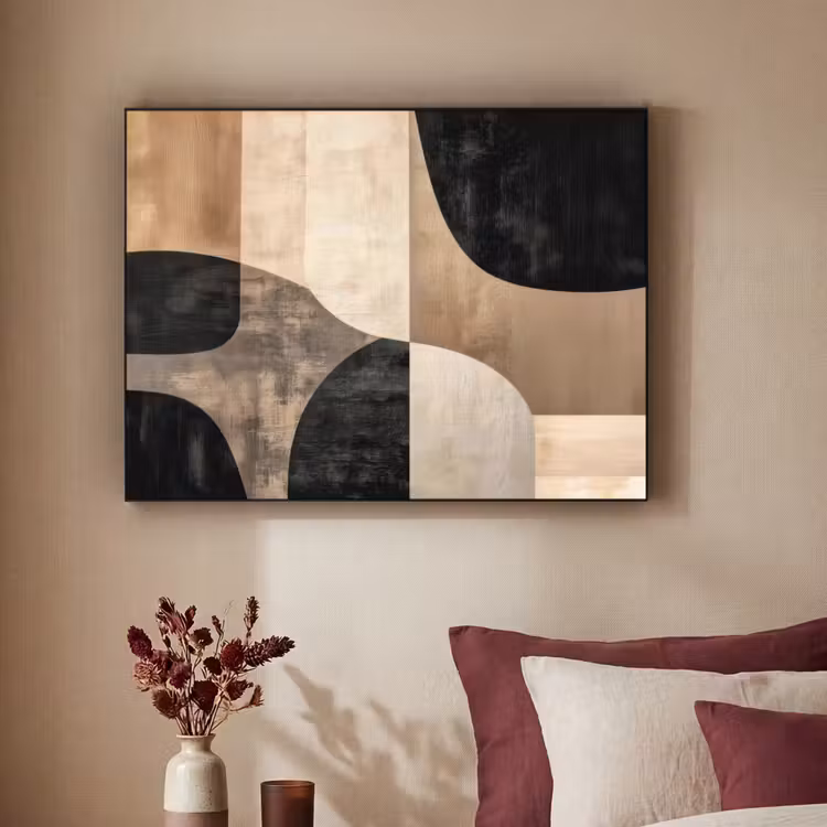 Abstract - Vlakken - Zwart - Rond Textielframe - compleet frame klein -sfeer1