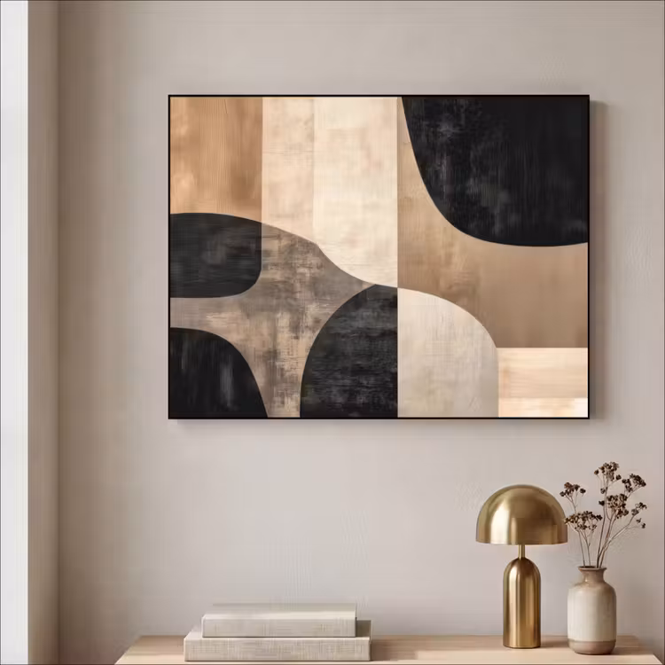 Abstract - Vlakken - Zwart - Rond Textielframe - compleet frame klein -sfeer2