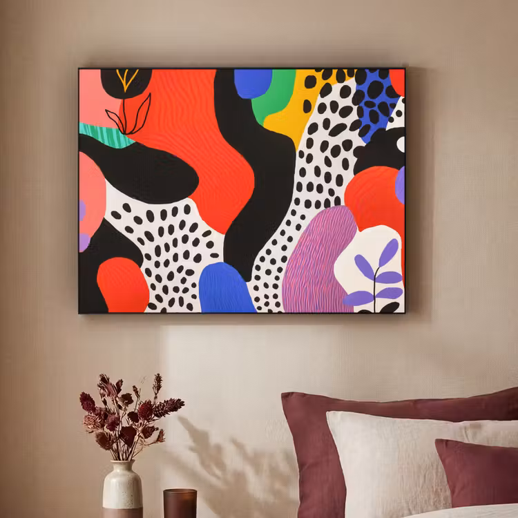 Abstract - Vormen - Kleuren - Stippen Textielframe zwart klein -sfeer1