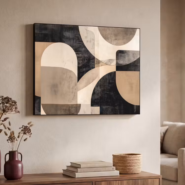 Abstract - Vormen - Modern - Beige Textielframe zwart klein -sfeer3