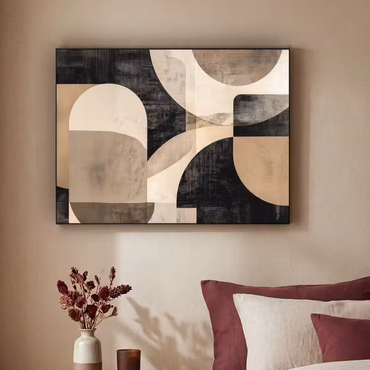 Abstract - Vormen - Modern - Beige Textielframe zwart klein -sfeer1