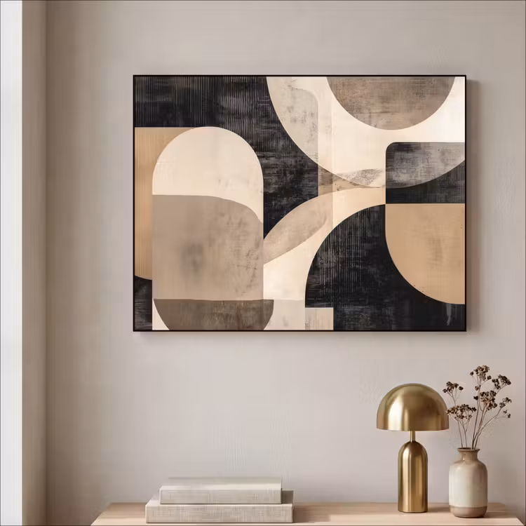 Abstract - Vormen - Modern - Beige Textielframe zwart klein -sfeer2