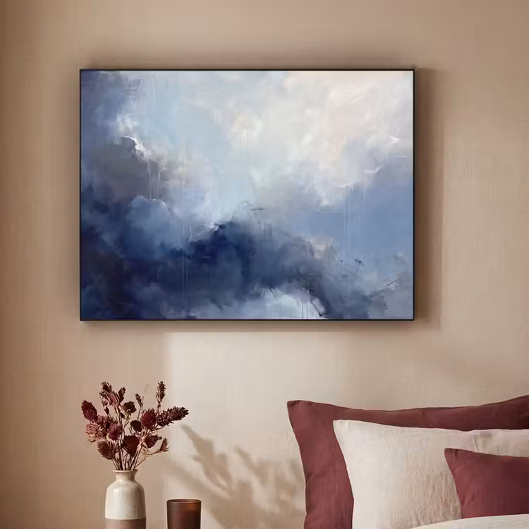 Abstract - Wolken - Modern - Blauw - Kunst Textielframe zwart klein -sfeer1